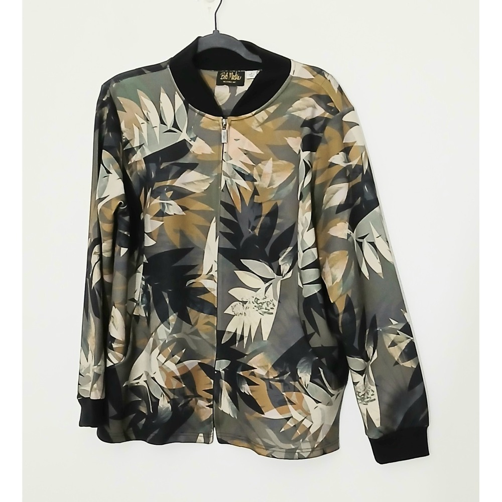 Bob Mackie Wearable Art Jacket Size Large Taupe Leaf Tropical Print Zip Camo‎